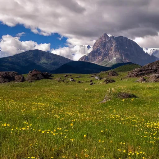 Prompt: beautiful meadows with a mountain range in the background