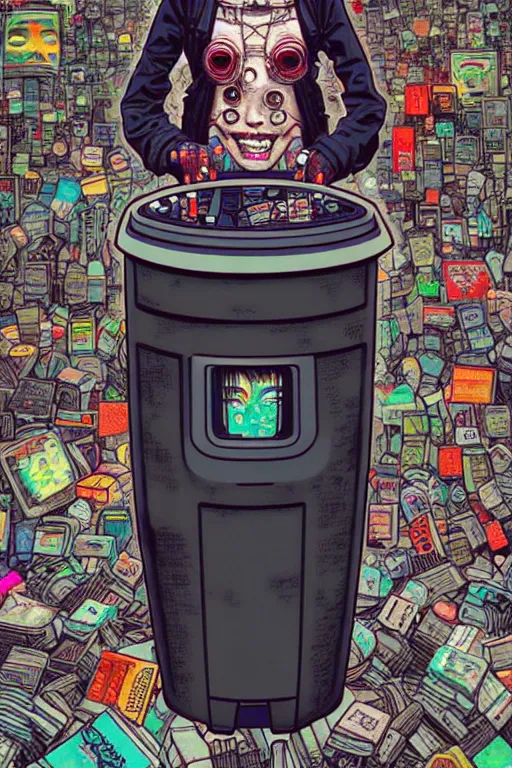 Image similar to full view, from a distance, of anthropomorphic trashcan from the novel neuromancer by william gibson, style of yoshii chie and hikari shimoda and martine johanna, highly detailed