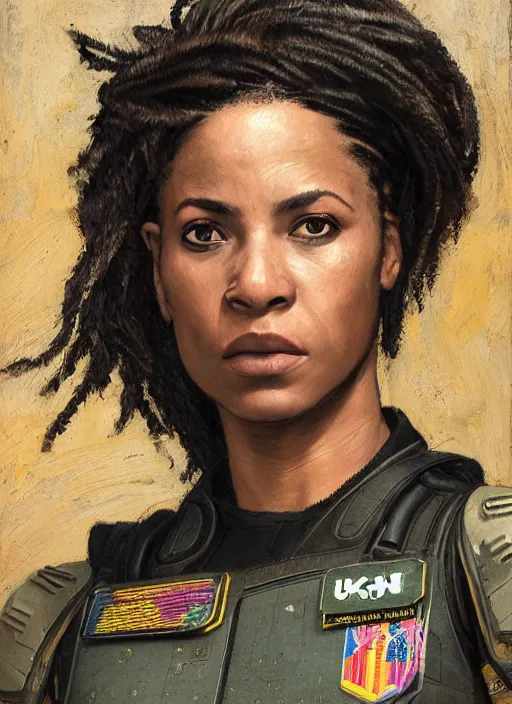 Prompt: Sgt. Sonya Igwe. Strong cyberpunk female USN marine wearing a military vest and military cyberpunk exo-suit (cyberpunk 2077, bladerunner 2049). gorgeous face. Iranian orientalist portrait by john william waterhouse and Edwin Longsden Long and Theodore Ralli and Nasreddine Dinet, oil on canvas. Cinematic, hyper realism, realistic proportions, dramatic lighting, high detail 4k