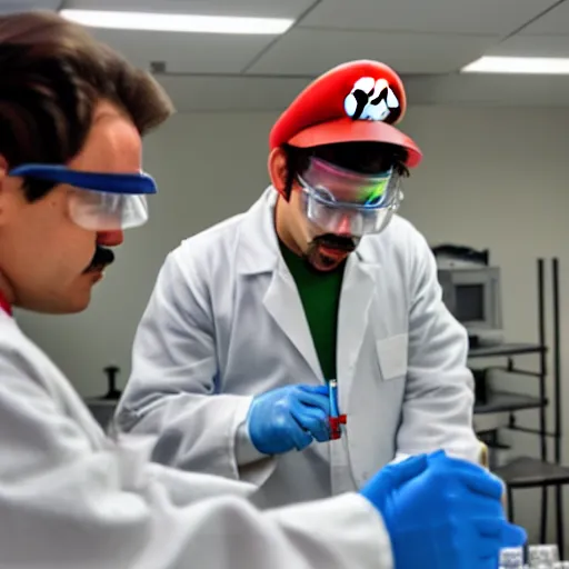 Image similar to Mario in lab doing experiments 🍄