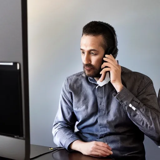 Image similar to “a man talking on the phone to Qantas customer support”