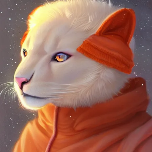 Image similar to aesthetic portrait commission of a albino male furry anthro mountain lion wearing a cute orange colored cozy soft pastel winter outfit, detailed face , hyperdetailed, autumn atmosphere. Character design by charlie bowater, ross tran, artgerm, and makoto shinkai, detailed, inked, western comic book art, 2021 award winning painting