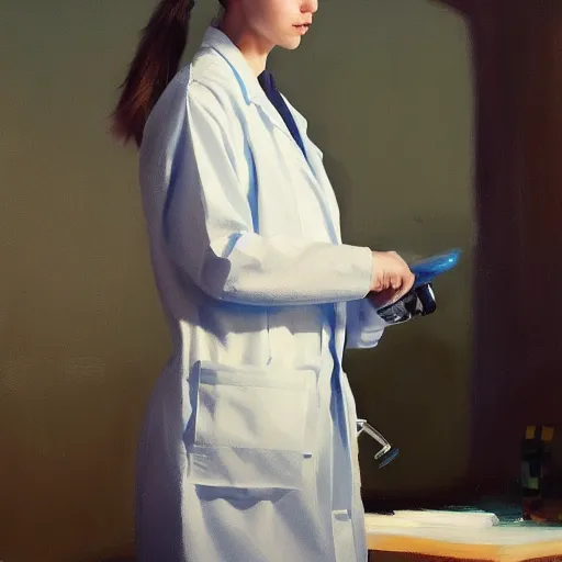 Prompt: girl with cat ears wearing a labcoat in a biology lab, microscope on table, expressive oil painting, trending on artstation, sunlit, octane render, by jeremy lipking, beautiful lighting