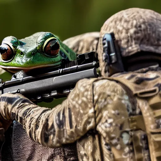 Image similar to photo of a rare frog equipped with m 2 4 9 machine gun and night vision target acquisition system