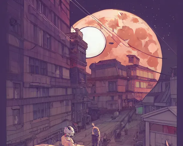 Image similar to a study of cell shaded cartoon huge limosuine, in front of a big moon, illustration, wide shot, muted colors, post grunge, concept art by josan gonzales and wlop, david rubin, mike mignola, laurie greasley, highly detailed, sharp focus, trending on artstation, hq, deviantart, art by artgem