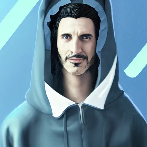 Image similar to a highly detailed, portrait of a man with black hair with a black medical mask, in a hood in the form of a blue shark with white teeth, artstation, DeviantArt, professional, octane render, digital art