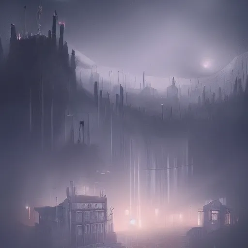 Image similar to this place is truly beautiful and the atmosphere is buzzing the town lights are glowing particularly brightly tonight but I cant stop feeling this ominous presence, trending on artstation,