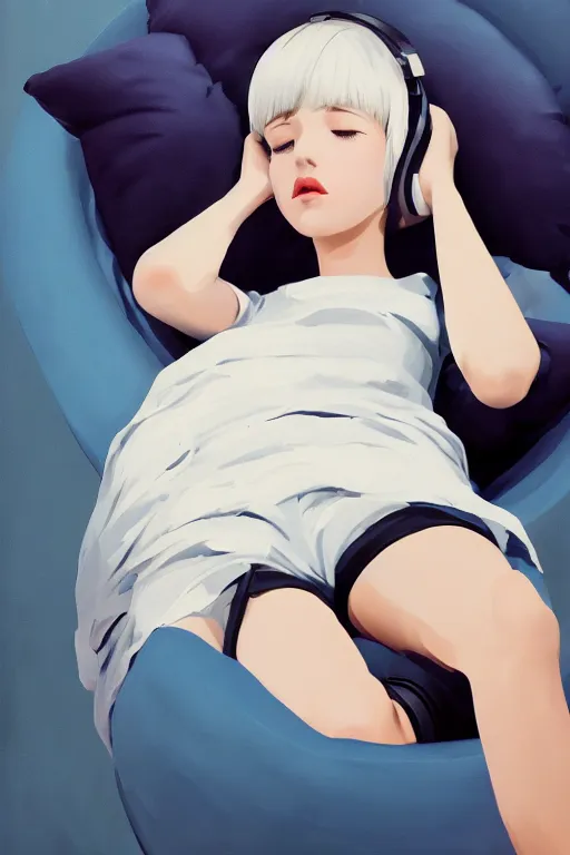 Image similar to a cute young woman lying in a ball chair listening to music with her eyes closed and wearing headphones, white bob cut hair, freckles, cozy setting, blue and white, warm lighting, cinematic, moody, nier automata, poster, oil on canvas, in the style of Ilya Kuvshinov, Krenz Cushart, Range Murata, Eero Aarnio, 8k
