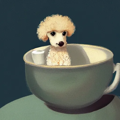 Image similar to Concept art of cute poodle sitting inside a tea cup