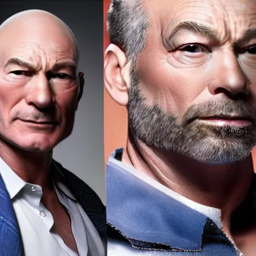 Image similar to a man who is a genetic combination of patrick stewart and jonathan frakes and levar burton and michael dorn and brent spiner, face and upper - body focus, detailed eyes