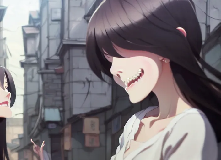 Prompt: a film still portrait of a young woman smiling, finely detailed features, closeup at the faces, perfect art, at a city street, gapmoe yandere grimdark, trending on pixiv fanbox, painted by greg rutkowski makoto shinkai takashi takeuchi studio ghibli, akihiko yoshida