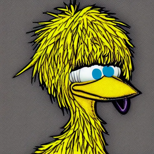 Image similar to a sketch of big bird from sesame street, in the style of junji ito