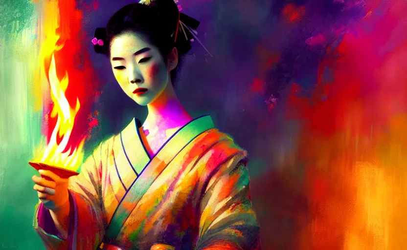 Image similar to female geisha girl holding a flame of rainbow, beautiful face, colourful, rule of thirds, thousands of colors, intricate outfit, spotlight, by greg rutkowski, by jeremy mann, digital painting