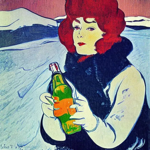 Prompt: a woman in a parka drinking a bottle of coke in an icy landscape, constructivist, russian, soviet advertisement, 1 9 6 0's, by henri toulouse lautrec