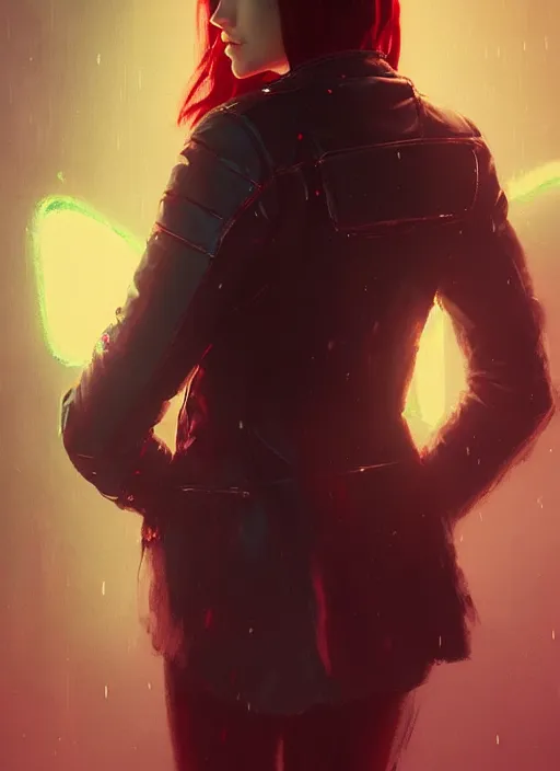 Image similar to pretty young woman with shoulder length shiny shimmering dark red hair and wearing a stuffed leather jacket with the glow of neon lights illuminating her, path traced, highly detailed, high quality, digital painting, by cd projekt red, cyberpunk, leesha hannigan, makoto shinkai