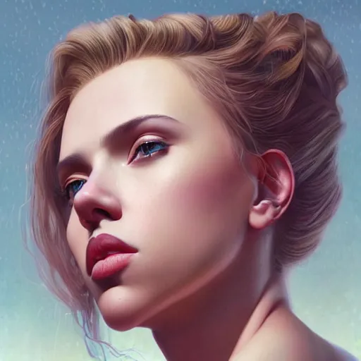 Prompt: a beautiful scenic painting of a beautiful young woman that looks like scarlett johansson by artgerm and wlop and wes anderson and spike jonze