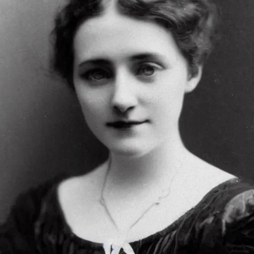 Image similar to edwardian photograph of a beautiful woman, elegant, symmetrical, staring at the camera, very grainy, 1900s, realistic, 1910s, close-up portrait, innocent smile, slightly blurry