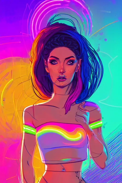 Image similar to a award winning portrait of a beautiful woman with stunning eyes in a one off shoulder crop top and cargo pants with rainbow colored hair, outlined by whirling illuminated neon lines and fine lines swirling in circles by greg tocchini, digital art, trending on artstation