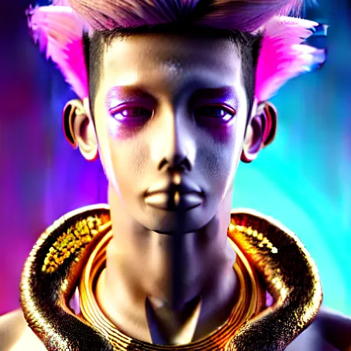 Prompt: hyperdetailed portrait of a cyberpunk european boy with brown hair made of iridescent metals and shiny pink gems, bright rainbow nimbus, gold necklace, gold background inspired by ross tran and masamune shirow and kuvshinov, intricate, photorealistic, octane render, rtx, hdr, unreal engine, dnd digital art by artgerm