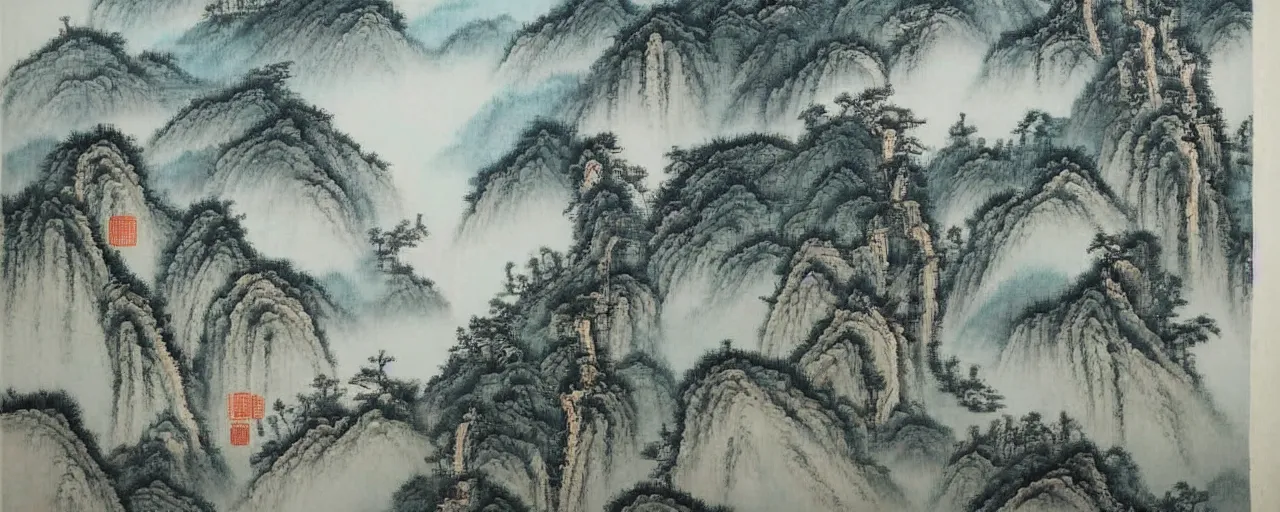 Prompt: A beautiful chinese painting of a forest in the mountain, water color painting,