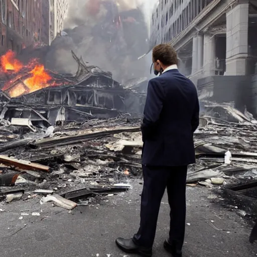 Prompt: man wearing a suit and a goose mask looking at an explosion in new york, ruined buildings, rubble, fire from hands