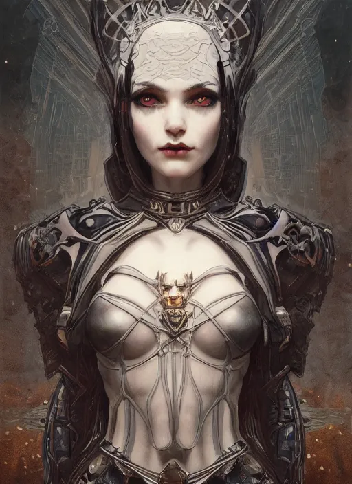 Image similar to portrait of beautiful pale gothic maiden, warhammer 40000, cyberpunk, intricate, elegant, highly detailed, digital painting, artstation, concept art, smooth, sharp focus, illustration, art by artgerm and greg rutkowski and alphonse mucha and Gustav Klimt and Ilya Kuvshinov