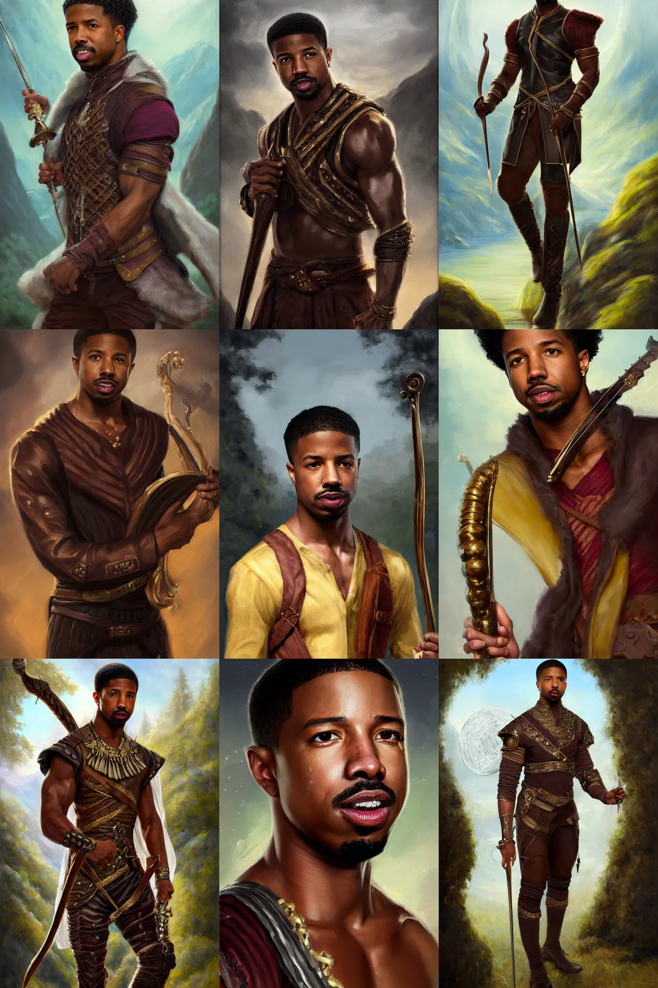 Image similar to a full body high detail fantasy portrait oil painting illustration of michael b. jordan as an elegant male bard by justin sweet with face and body clearly visible, in a scenic background, pupils visible, realistic proportions, d & d, rpg, forgotten realms, artstation trending, high quality, sombre mood, artstation trending, muted colours, entire person visible!