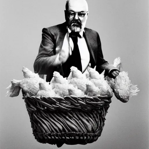 Prompt: Lenin as colonel Sanders on a basket full of chicken wings, labeled USSR, studio photo, by Stephen Meisel, octane renderer, behance