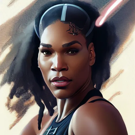 Image similar to cyborg Serena Williams as aeon flux profile picture by Greg Rutkowski, dynamic pose, intricate, futuristic, fantasy, elegant, by Stanley Artgerm Lau, greg rutkowski, thomas kindkade, alphonse mucha, loish, norman Rockwell,