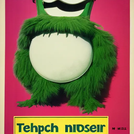 Prompt: french advertising with a happy green monster standing with a big round head and a thin high body with a grass texture. technicolor, 5 0 mm, nikon, 1 / 6 sigma