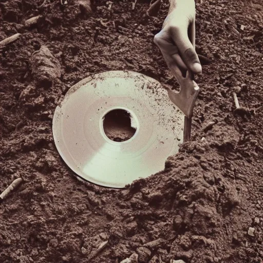 Prompt: a vinyl disc on a hole in the ground, with a shovel next to it, polaroid shot