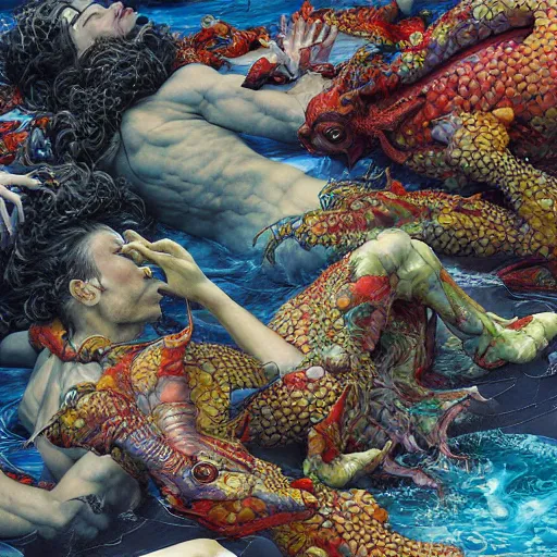 Prompt: realistic detailed image of Creatures in the Swimming Pool on a Sunny Day by Ayami Kojima, Amano, Karol Bak, Greg Hildebrandt, and Mark Brooks, Neo-Gothic, gothic, rich deep colors. Beksinski painting, part by Adrian Ghenie and Gerhard Richter. art by Takato Yamamoto. masterpiece