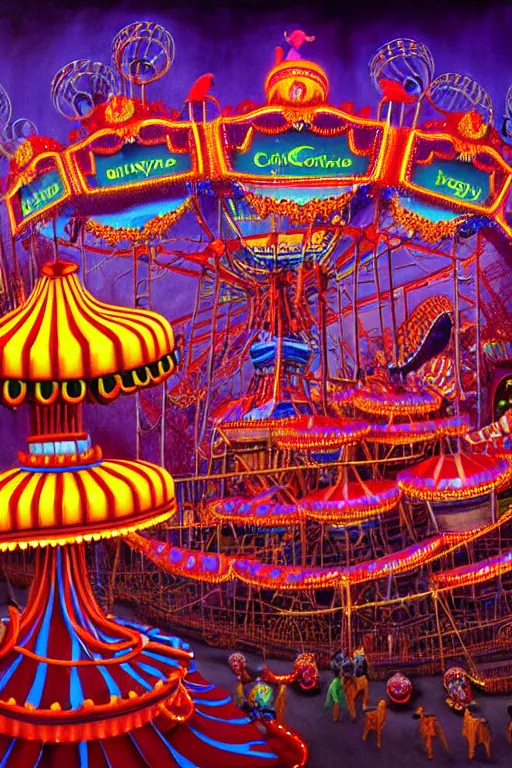 Image similar to a hyperrealistic detailed painting of an ornate carnival in town with rides, glowing lights, colorful, chimeric horror creatures riding a rollercoaster. cinematic lighting, depth perspective, depth of field, cinematic angle, by chris cunningham and richard corben, highly detailed, vivid color,