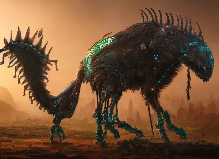 Image similar to detailed full body concept art illustration oil painting of a solarpunk animal with intricate hair, ultra detailed, digital art, octane render, dystopian, zero dawn, 4k
