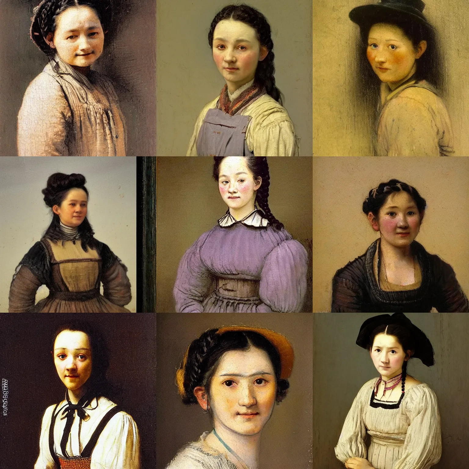 Prompt: a sadly smiling black haired, young hungarian village maid from the 19th century who looks very similar to Lee Young Ae with a two french braids, pastel colours, detailed, painting by Rembrandt, Csók István and da Vinci