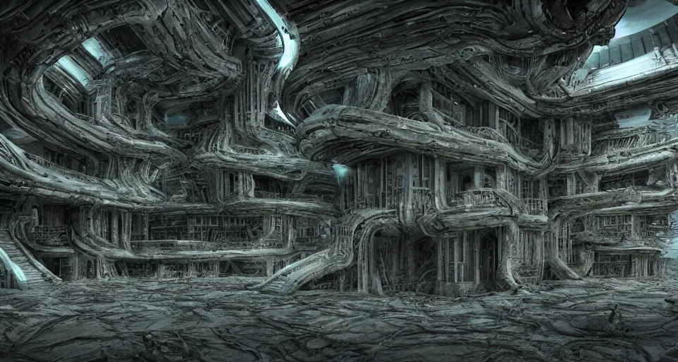 Image similar to alien houses in style of giger, 8k, octane render