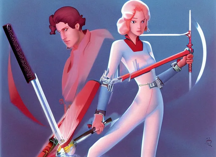 Image similar to the video game transistor's red with the transistor sword by ralph mcquarrie