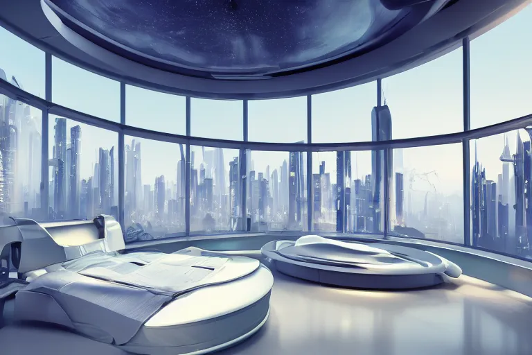 Image similar to a futuristic luxury white bedroom with curved ceiling high windows looking out to a far future cyberpunk cityscape with many flying cars, night time, neon lights, cinematic 3d render, unreal engine 5, cgsociety