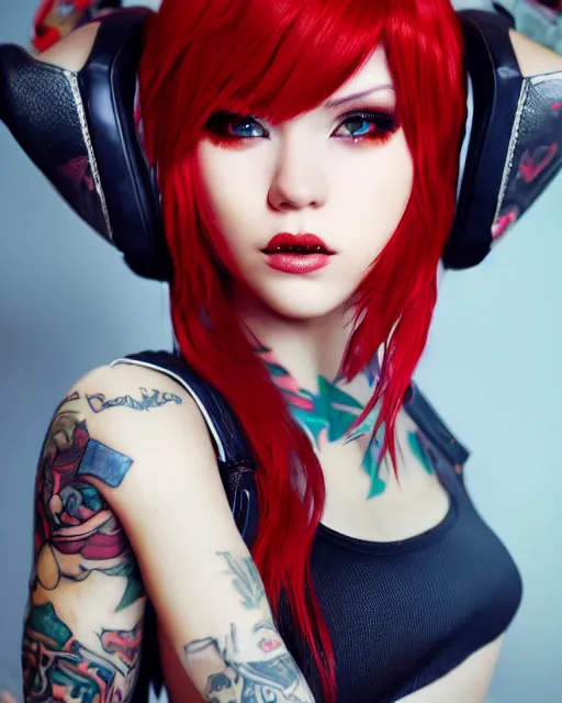 Image similar to a girl with short red hair, cool, vi from arcane, league of legends, fighter, cool red jacket, tattoo, beautiful, 3 d, potrait, art staion, studio light, closeup shot, octane render, wlop, realistic, neon