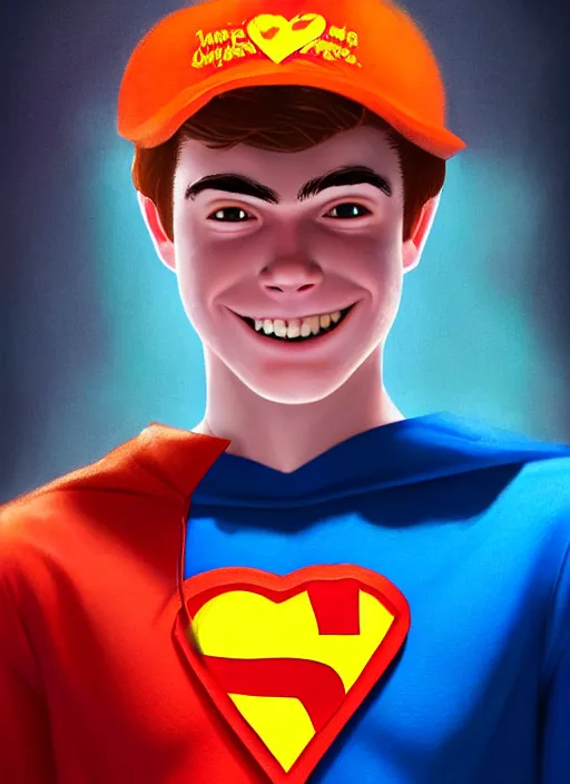 Image similar to friendly teenage archie andrews wearing an orange superhero costume with heart logo, heart, freckles, blue cape, heart emblem on chest, blue cape, intricate, elegant, glowing lights, highly detailed, digital painting, artstation, sharp focus, illustration, art by wlop, mars ravelo and greg rutkowski