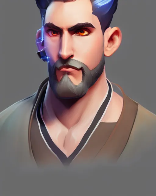 Image similar to overwatch concept art character portrait of a new character who is a young pale man with slicked back hair with soul patch beard and long crooked nose and gaunt cheeks, trending on artstation, cgsociety,