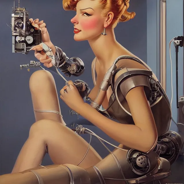 Prompt: robot artist painting a self - portrait on a canvas. intricate, highly detailed, digital matte painting in the style of gil elvgren and in the style of stephen hickman. irony, recursion, inspiration.