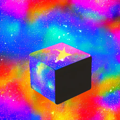 Image similar to a cube of space water floating in the middle of an empty desert, black cube, colorful stars inside the cube, extremely detailed digital art, ominous, artgem, breathtaking, smooth, award winning