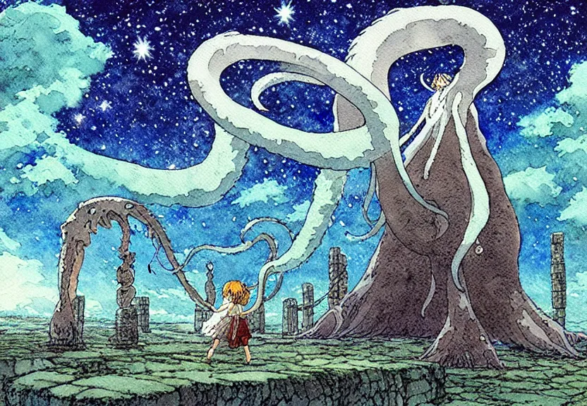 Image similar to a simple watercolor studio ghibli movie still fantasy concept art of a giant squid from princess mononoke ( 1 9 9 7 ) in stonehenge. it is a misty starry night. by rebecca guay, michael kaluta, charles vess