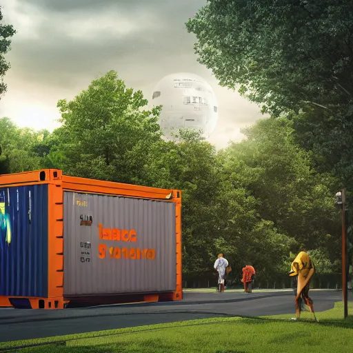 Prompt: a scifi container with power cables coming out of it, in the middle of a large park with paths and families around it, in style of Isaac Zuren, 4k