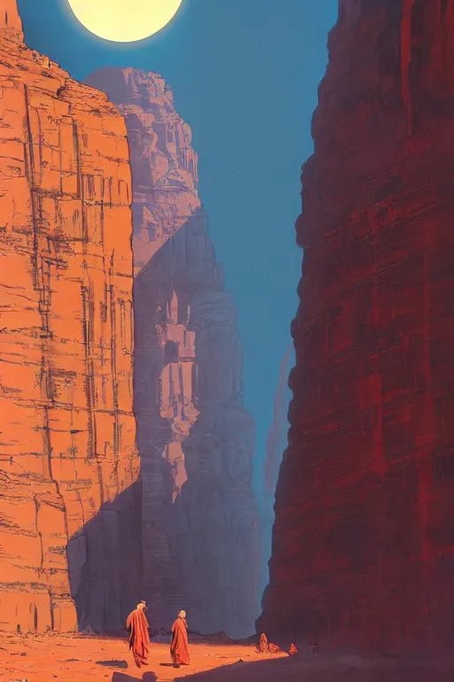 Prompt: monks walking through canyon to ancient yellow glowing temple, city of petra, light streaks in the sky, moon, dramatic lighting, artstation, matte painting, ralph mcquarrie, simon stalenhag