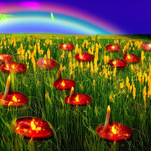 Image similar to candles, field of flowers, magic enchantment, rainbow, sunshine, fall