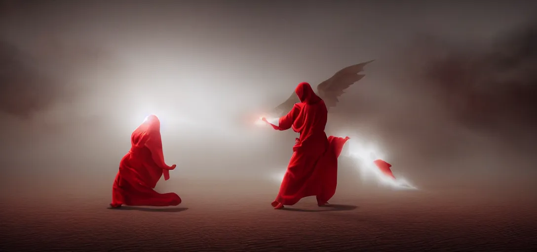 Prompt: an evil demon in red robes fighting an angel in white robes in a desert, luminescent eyes, sunny weather, rendered in octane, realistic, 8 k, vivid, intricate, detailed, mist, fog, dramatic light