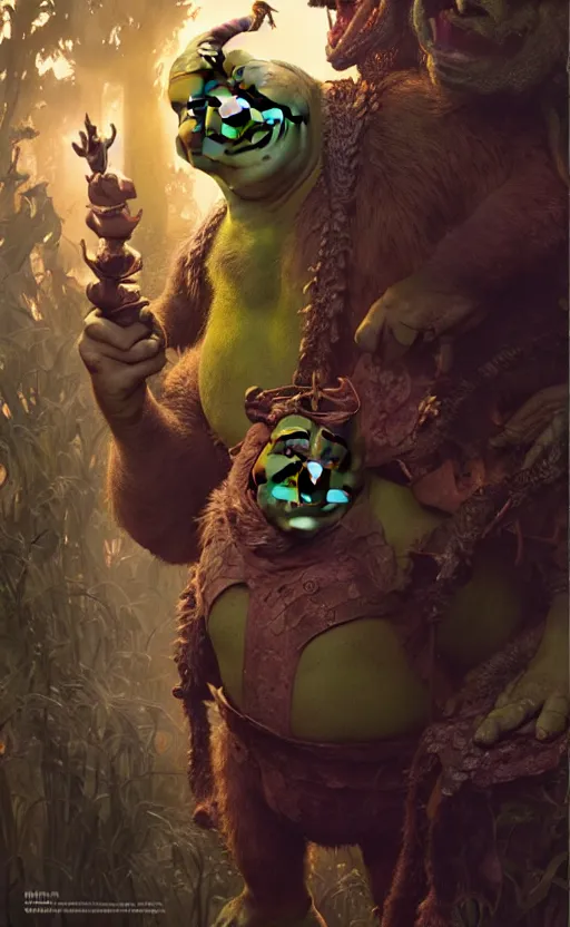 Image similar to shrek dragon gorgeous lighting by weta studio, mucha, bautista and norman rockwell and greg rutkowski and tom bagshaw and james gurney and lucasfilm