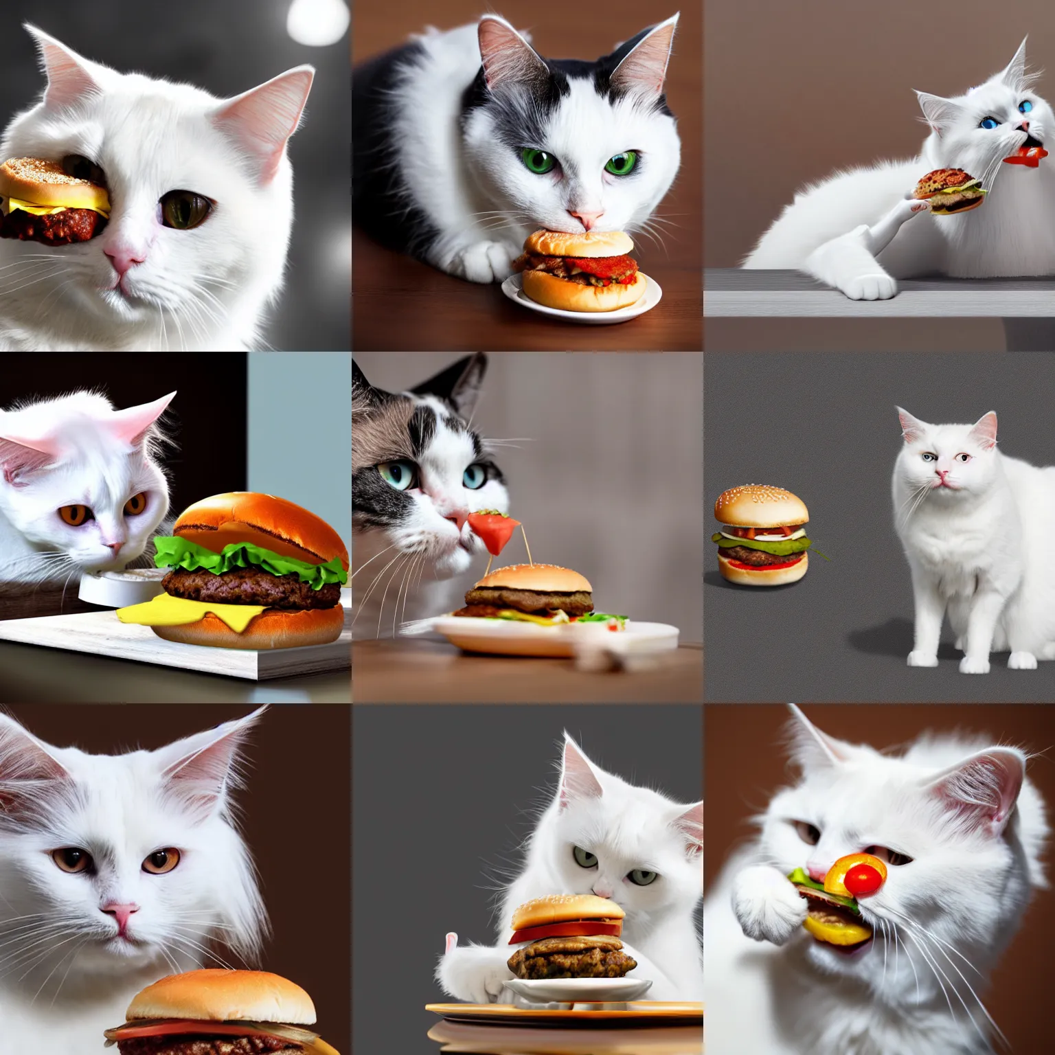 Prompt: a white ragdoll cat eating an hamburger, photorealistic, highly detailed, 4k, sharp